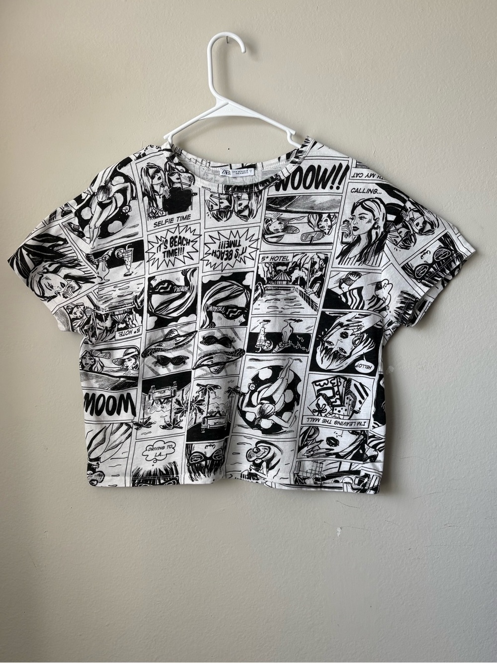 Zara Comic Print Crop Top Black White Graphic Tee M